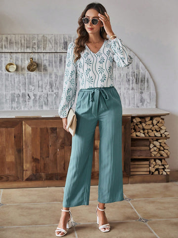 Floral V-neck Top And Pants Set
