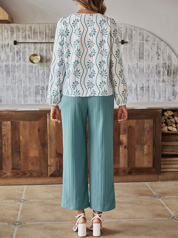 Floral V-neck Top And Pants Set