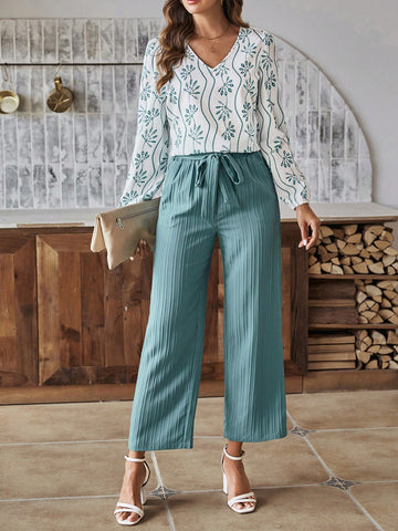 Floral V-neck Top And Pants Set