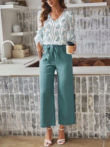 Floral V-neck Top And Pants Set