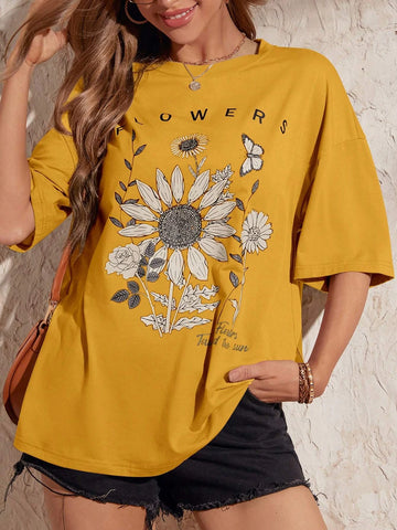 LUNE Floral & Butterfly Print Drop Shoulder Tee