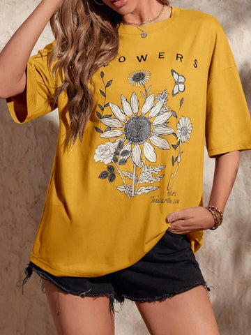 LUNE Floral & Butterfly Print Drop Shoulder Tee