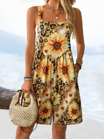 Floral & Leopard Print Sleeveless Jumpsuit With Thick Straps, Summer