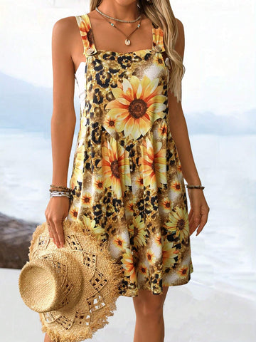 Floral & Leopard Print Sleeveless Jumpsuit With Thick Straps, Summer