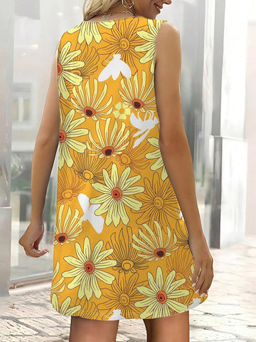 Fresh And Simple Style Sunflower Print Casual Vacation Dress For Summer