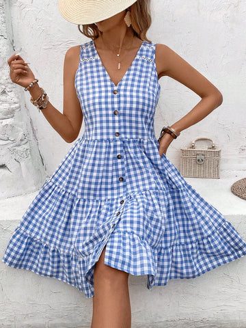Fresh Spring/Summer Blue & White Gingham Check Sleeveless V-Neck Dress With Multiple Layered R