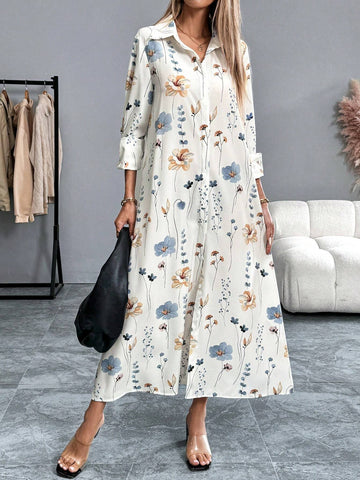 Front Button Long Sleeve Floral All-Over Print Dress, Casual Vacation