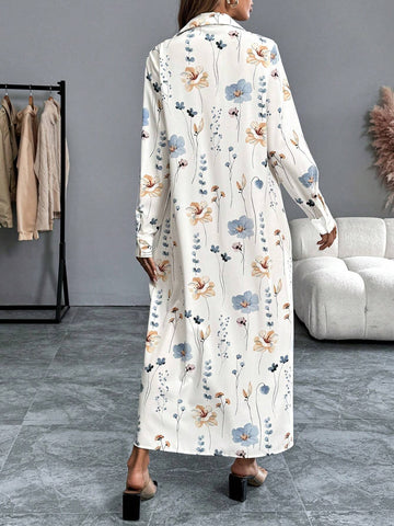 Front Button Long Sleeve Floral All-Over Print Dress, Casual Vacation