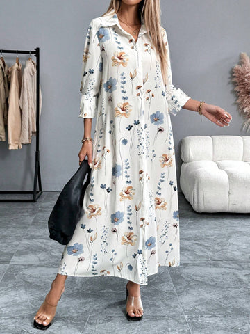 Front Button Long Sleeve Floral All-Over Print Dress, Casual Vacation