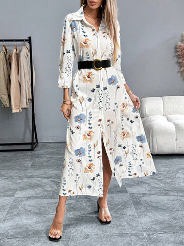 Front Button Long Sleeve Floral All-Over Print Dress, Casual Vacation