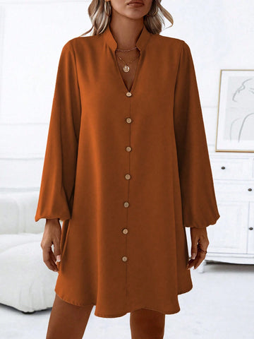 Front Keyhole Button-Up Patchwork Lantern Sleeve A-Line Doll Dress