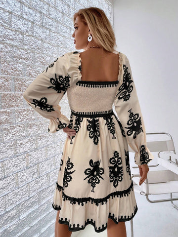 Full-Print Shirred Long Sleeve Dress