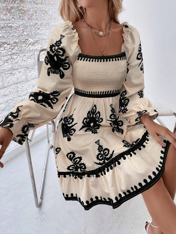 Full-Print Shirred Long Sleeve Dress