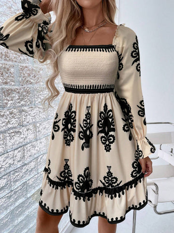 Full-Print Shirred Long Sleeve Dress