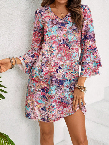 Full Print Tiered Sleeve Dress With Paisley Pattern