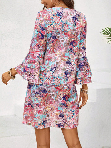 Full Print Tiered Sleeve Dress With Paisley Pattern