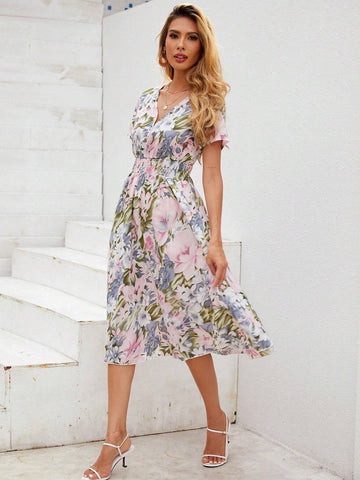 Full Print Wrap V-Neck Dress