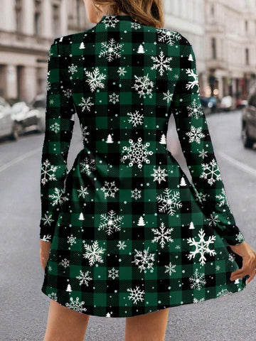 Funnel Neck Plaid Dress Without Belt, Casual Women's Christmas Snowflake Pattern Long Sleeve Dress, Suitable For Autumn/Winter