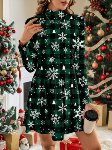 Funnel Neck Plaid Dress Without Belt, Casual Women's Christmas Snowflake Pattern Long Sleeve Dress, Suitable For Autumn/Winter