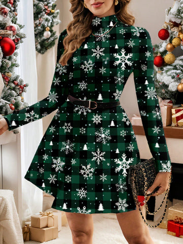 Funnel Neck Plaid Dress Without Belt, Casual Women's Christmas Snowflake Pattern Long Sleeve Dress, Suitable For Autumn/Winter