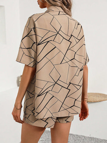 Geometric Pattern Casual Fashion Half-Sleeve Cardigan With Elastic Waist Shorts Two-Piece Set
