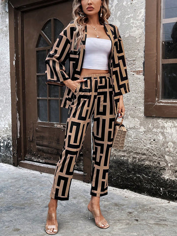 Geometric Pattern Printed Top & Elastic Waist Long Pants 2pcs/Set