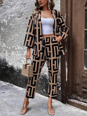 Geometric Pattern Printed Top & Elastic Waist Long Pants 2pcs/Set