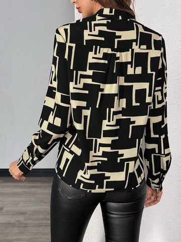 LUNE Geometric Print V-Neck Elegant Long Sleeve Blouse