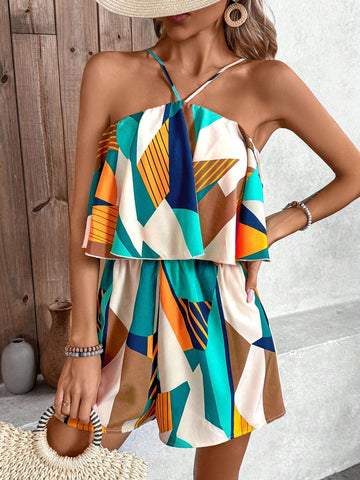Geometric Printed Halter Neck Drawstring Waist Casual Jumpsuit For Summer Vacation
