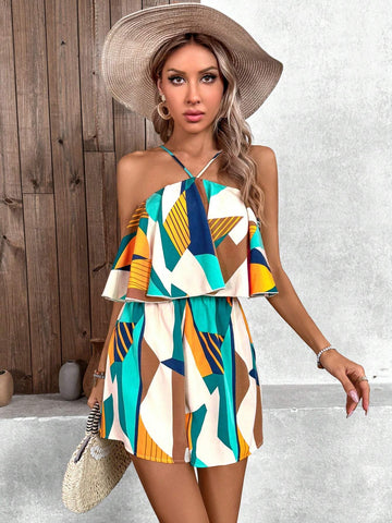 Geometric Printed Halter Neck Drawstring Waist Casual Jumpsuit For Summer Vacation