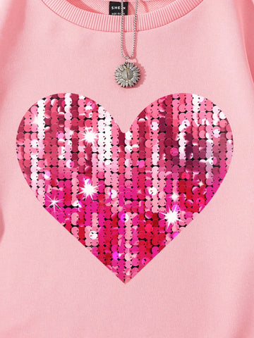 Glitter Heart Pattern Round Neck Loose Fit Women's 2pcs/Set Long Sleeve Outfits For Spring And Autumn
