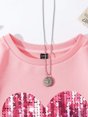 Glitter Heart Pattern Round Neck Loose Fit Women's 2pcs/Set Long Sleeve Outfits For Spring And Autumn