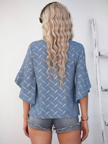 LUNE Gold Plaid Print Petal Sleeve Blouse