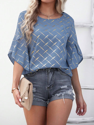 LUNE Gold Plaid Print Petal Sleeve Blouse