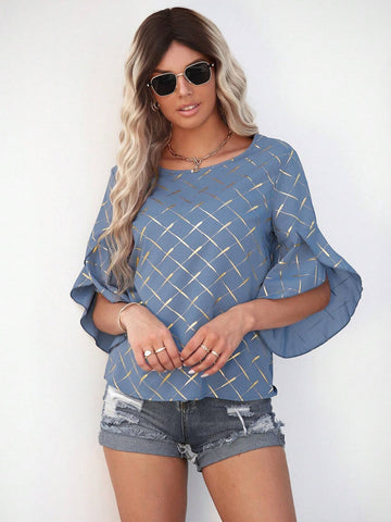 LUNE Gold Plaid Print Petal Sleeve Blouse