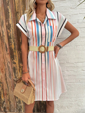 Gradient Striped Women's Front Button Up Dress