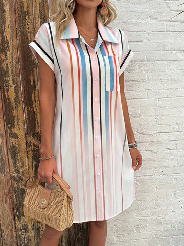 Gradient Striped Women's Front Button Up Dress