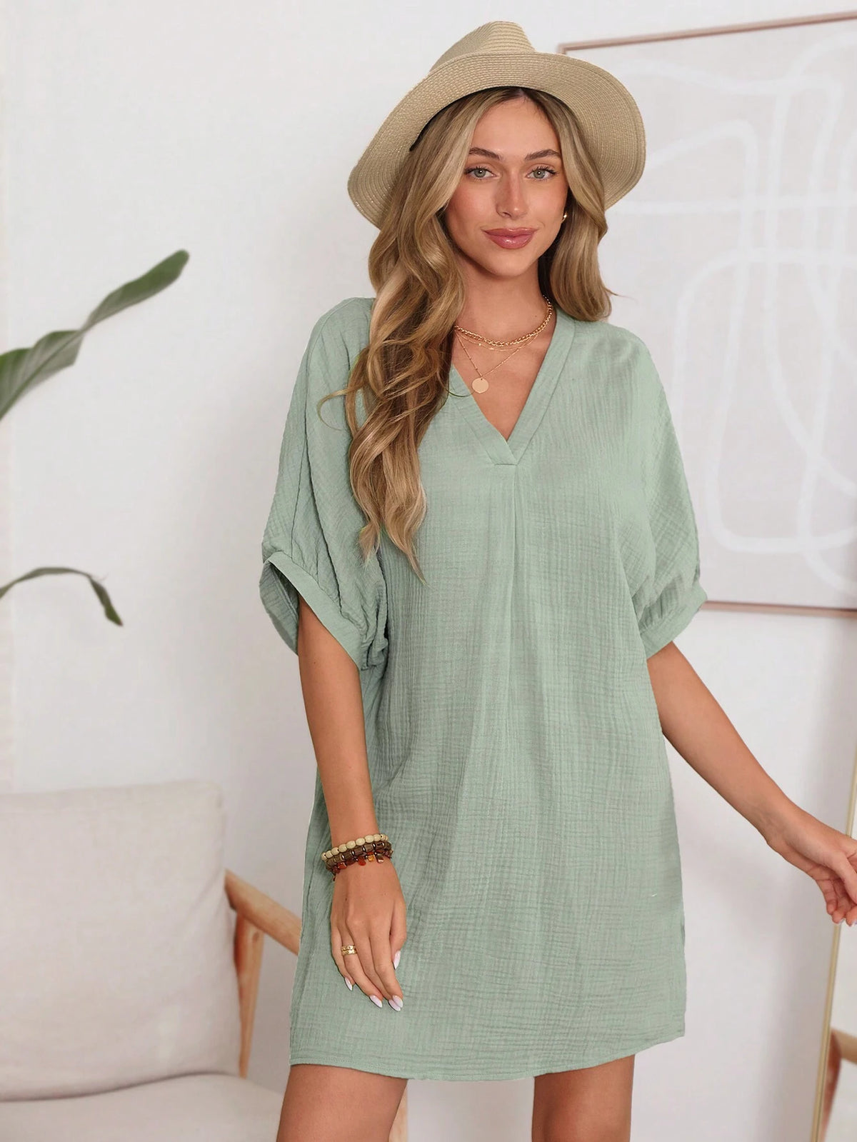Green Casual V-Neck Oversized A-Line Dress
