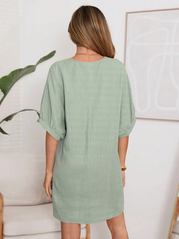 Green Casual V-Neck Oversized A-Line Dress