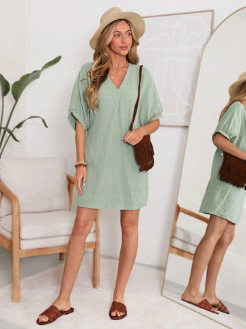 Green Casual V-Neck Oversized A-Line Dress