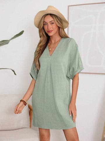 Green Casual V-Neck Oversized A-Line Dress