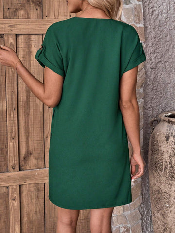Green Short Sleeve Turn-Down Collar Dress