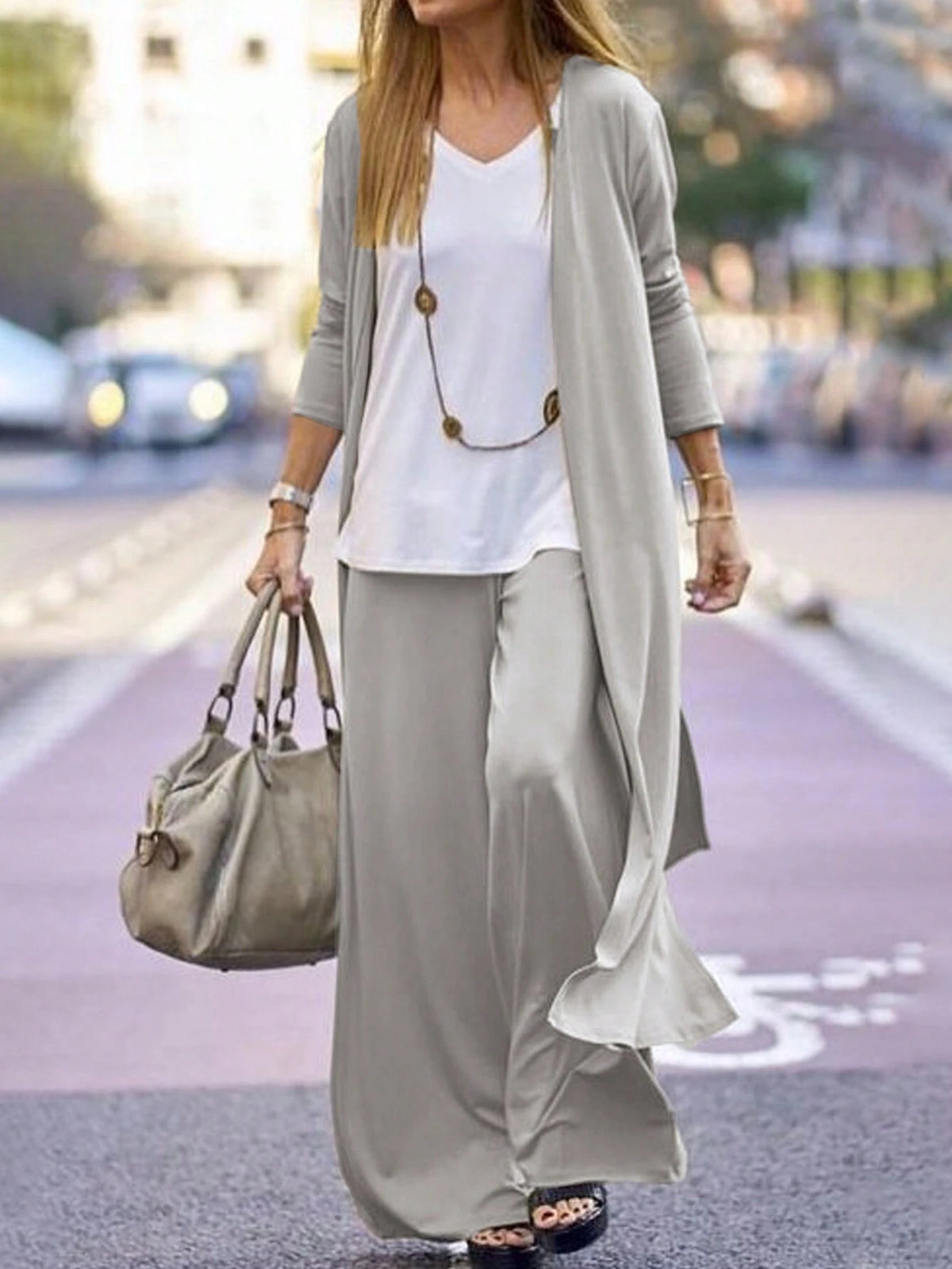 Grey Casual Long Sleeve Split Cardigan Pants Two-Piece Set