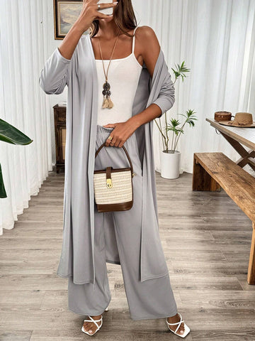 Grey Casual Long Sleeve Split Cardigan Pants Two-Piece Set