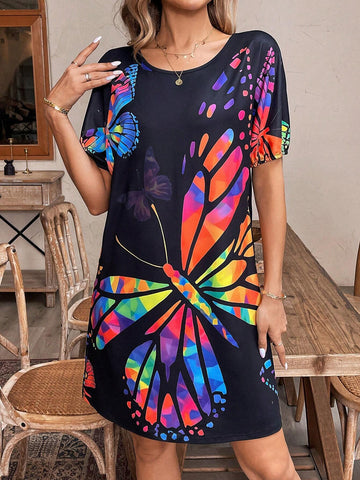Colorful Butterfly Printed Round Neck Short Sleeve Dress