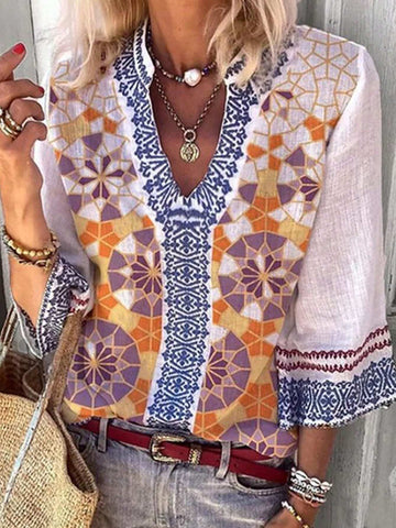 LUNE H-Type Stand Collar Vacation-Style Printed Shirt