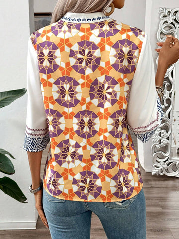 LUNE H-Type Stand Collar Vacation-Style Printed Shirt