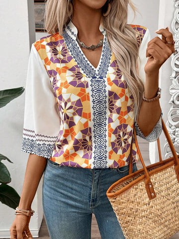 LUNE H-Type Stand Collar Vacation-Style Printed Shirt