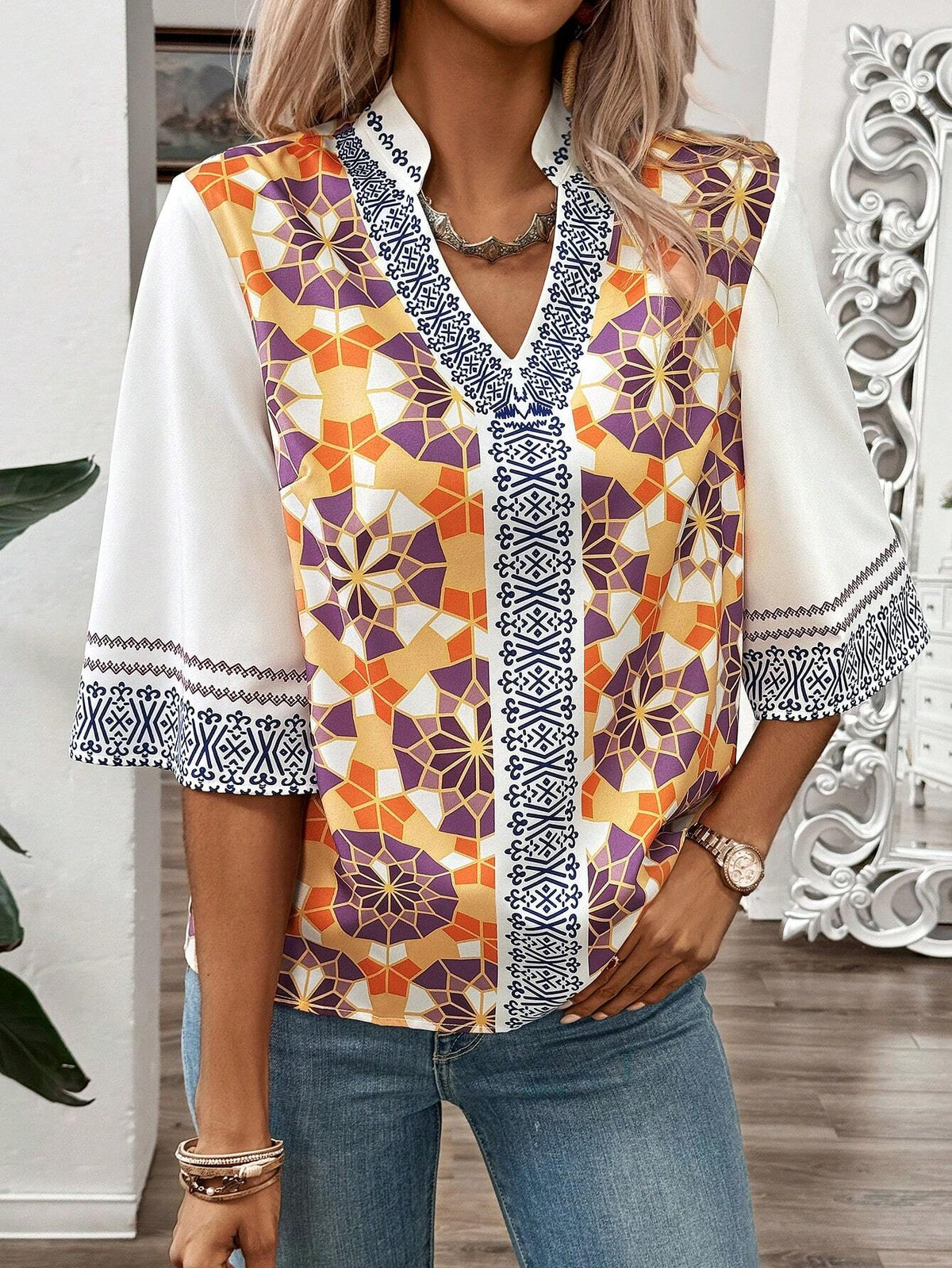 LUNE H-Type Stand Collar Vacation-Style Printed Shirt