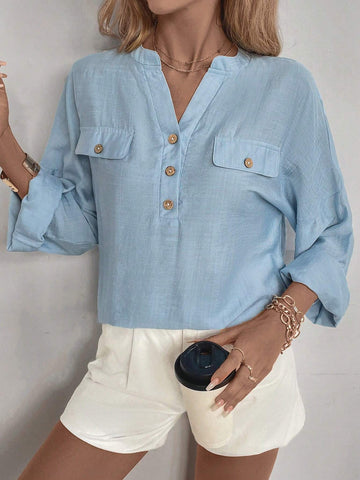 LUNE Half Button Drop Shoulder Blouse